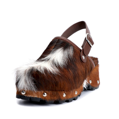 XOBZJH Women's Luxury Natural Cowhide Hair Platform Clogs – Western Retro Slip-On Mules with Zipper and Adjustable Buckle Strap – Handmade Rustic Cow Bone Back Hair Shoes with Arch Support