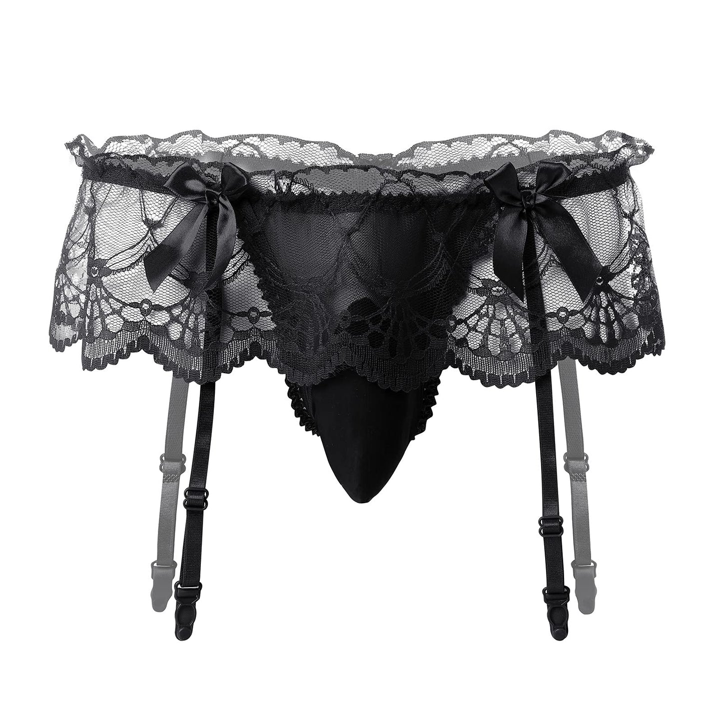 ABAFIP Men Lingerie Frilly Skirted Sissy Thongs Panties Low Waist G-string Garter Belt Crossdressing Underpants Lace Underwear Black One Size