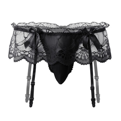 ABAFIP Men Lingerie Frilly Skirted Sissy Thongs Panties Low Waist G-string Garter Belt Crossdressing Underpants Lace Underwear Black One Size