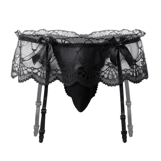 ABAFIP Men Lingerie Frilly Skirted Sissy Thongs Panties Low Waist G-string Garter Belt Crossdressing Underpants Lace Underwear Black One Size