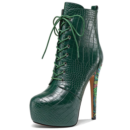 DearOnly Womens High Stiletto Platform Heel Dress Lace-up Close Round Toe Ankle Boots Short Bootie Cute Office Prom Boots 5.9 Inches Heels Deep Green 7 M US