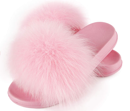 Women's Real Fox Fur Slides, Open Toe Cute Fluffy Fur Slippers, Indoor or Outdoor Comfortable Furry Fuzzy Soft Sandals Shoes