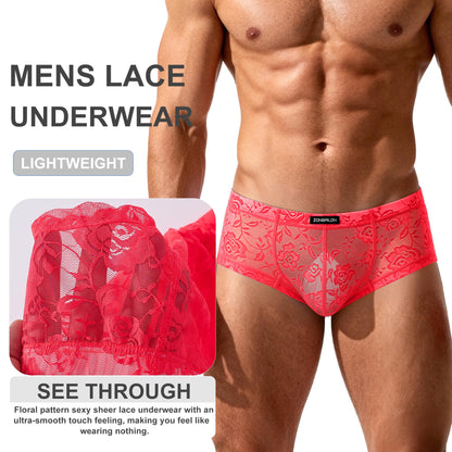 Mens Lace Underwear Bikini Briefs with Pouch Mesh Silk Boxers for Men Sexy