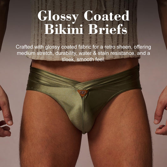 BSZN Men's Glossy Satin Briefs, Military Green Oil Slick Coated Underwear, Ruched Waistband Mid Rise Tight Fit, Waterproof Stain Resistant Sailor's Log Collection