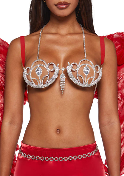 Dolls Kill Supermodel Angel Costume by Trickz N’ Treatz – Women’s Red Bejeweled Bra, Skirt, Gloves & Wings Set, Medium