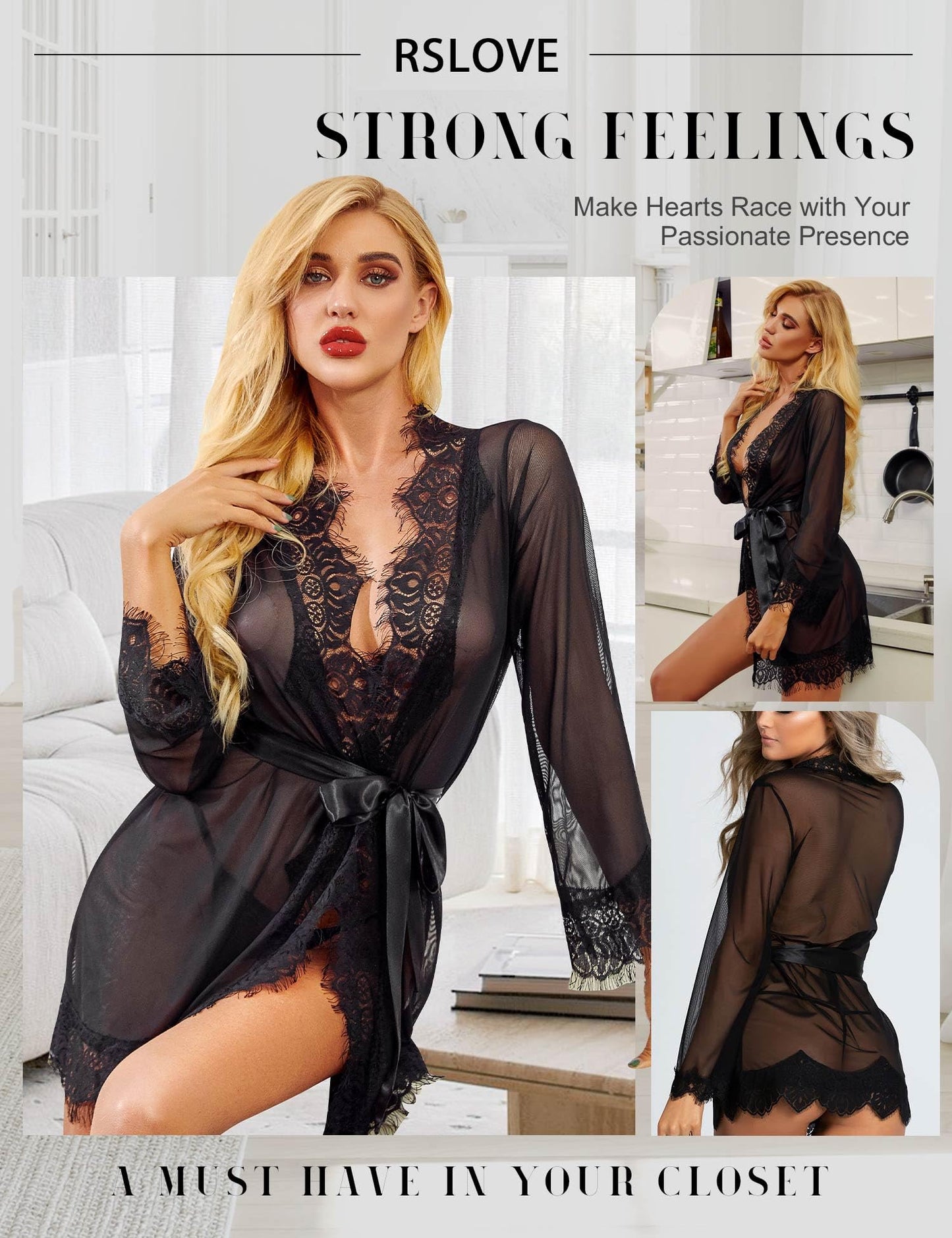 RSLOVE Women Sexy Sexy Robe Lace Kimono Babydoll Lingerie Set Mesh Cover Up Bridal Lingerie Black L