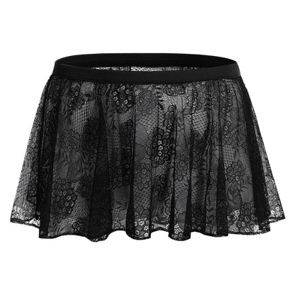 ABAFIP Sissy Skirts for Men Crossdressing Lingerie Sheer Lace Floral Flared Pleated Micro Mini Skirt Nightwear Underwear Black One Size