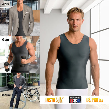 Insta Slim -Made in USA- Compression Tank-Top Shapewear for Men. Tummy Control Slimming Body-Shaper Undershirt for Back Support, Beer Belly, and Gynecomastia (Gunmetal-Large)