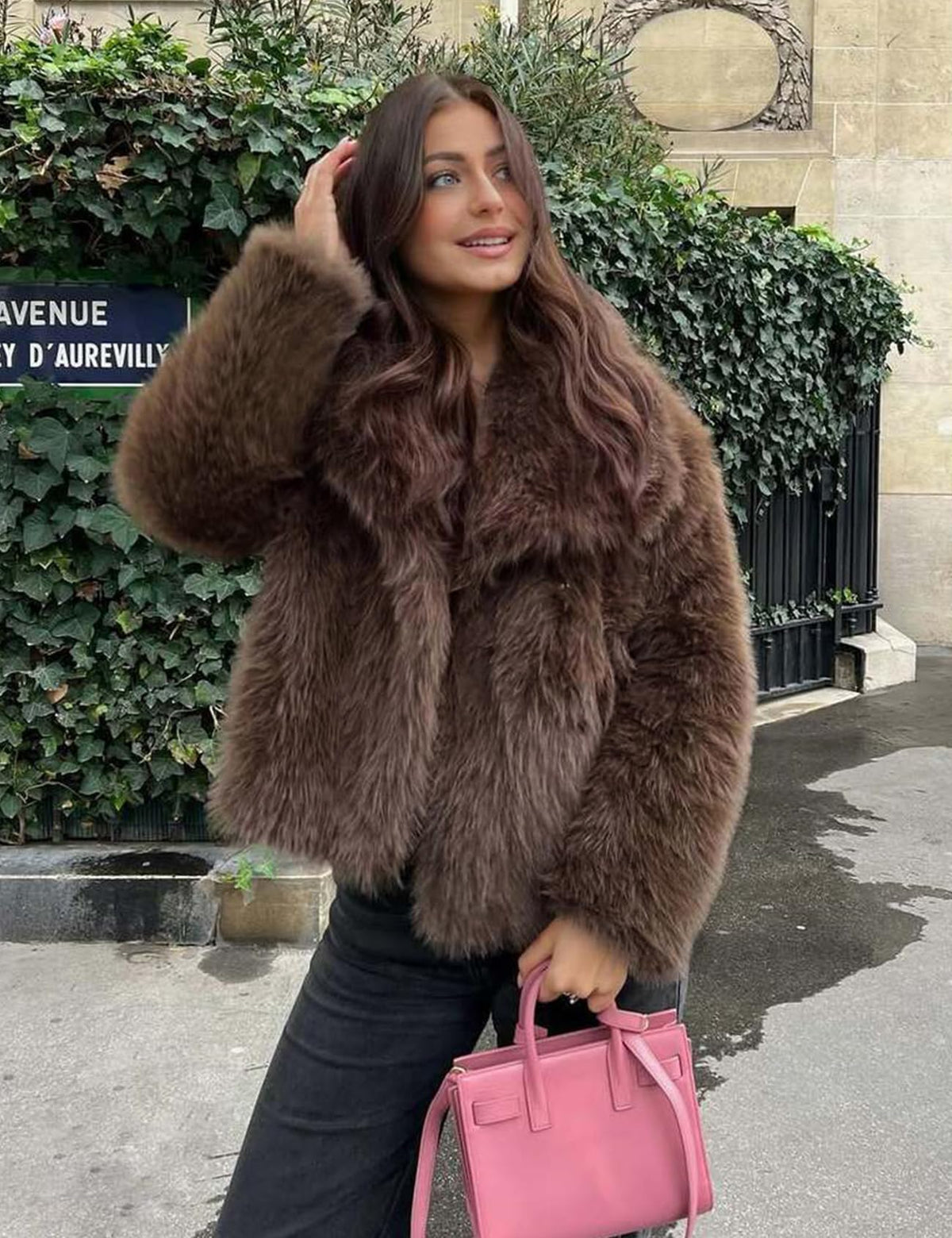 Women Faux Fur Coat Lapel Collar Shaggy Warm Short Fluffy Jacket