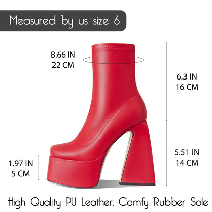 Red Platform Boots for Women Mid Calf Boots Square Toe Chunky High Heel Boots Side Zipper Ankle Booties