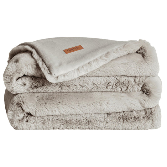 UnHide Marshmallow - Faux Fur Blanket - Heavy Weight, Extra Soft Blanket - Made from Recycled Materials - Machine Washable - Large (90" x 108") - Greige