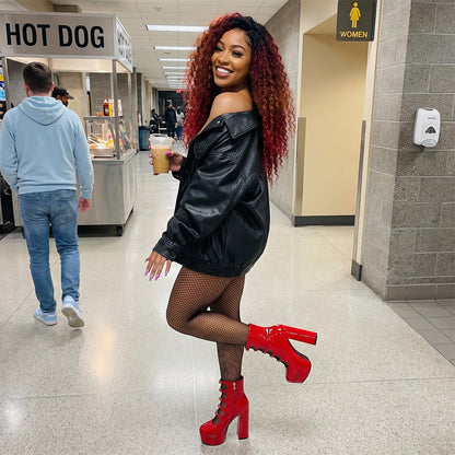 Red Platform Boots for Women, Red Patent Leather Chunky Platform Heels Goth Boots, Strap Buckle Side Zipper Gothic Block Heels