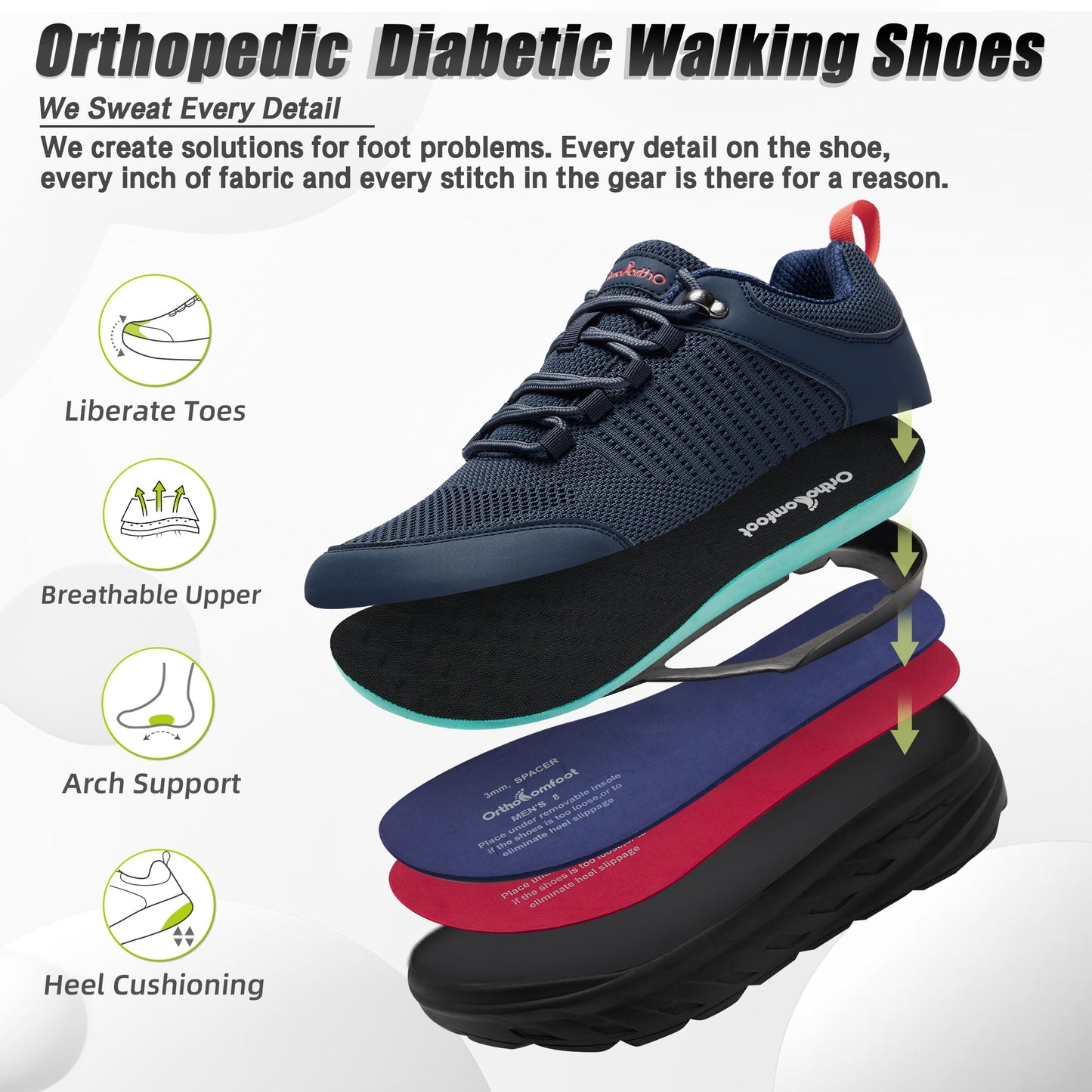 Men's Orthopedic Diabetic Wide Walking Shoes: Adjustable Fit Arch Support Ergonomic Lightweight Cycling Sneakers, Breathable Plantar Fasciitis Orthotic Foot Pain Relief Leisure Shoes Dark Blue Size 8