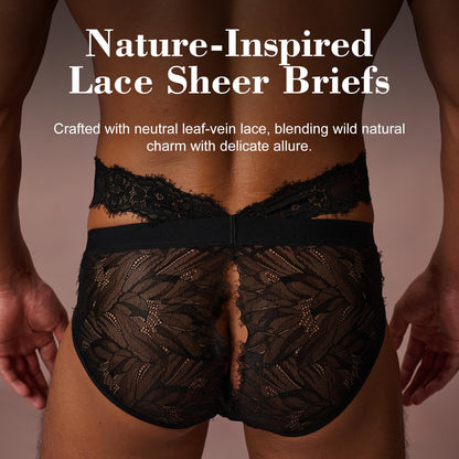 BSZN Black Men's Eyelash Lace Briefs, Double Waistband Back Cutout Underwear, Mid Rise Sheer Lace Patchwork Panties for Men