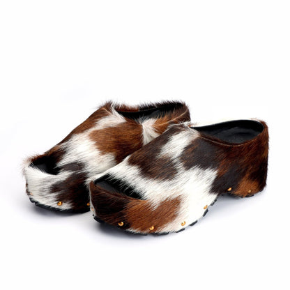 XOBZJH Long-Hair Calfskin Chunky Clog Slide for Women - Memory Foam Luxury Slip on Shoes Women's Mules & Platform Clogs,Designer Mules for Women 2025 Beige