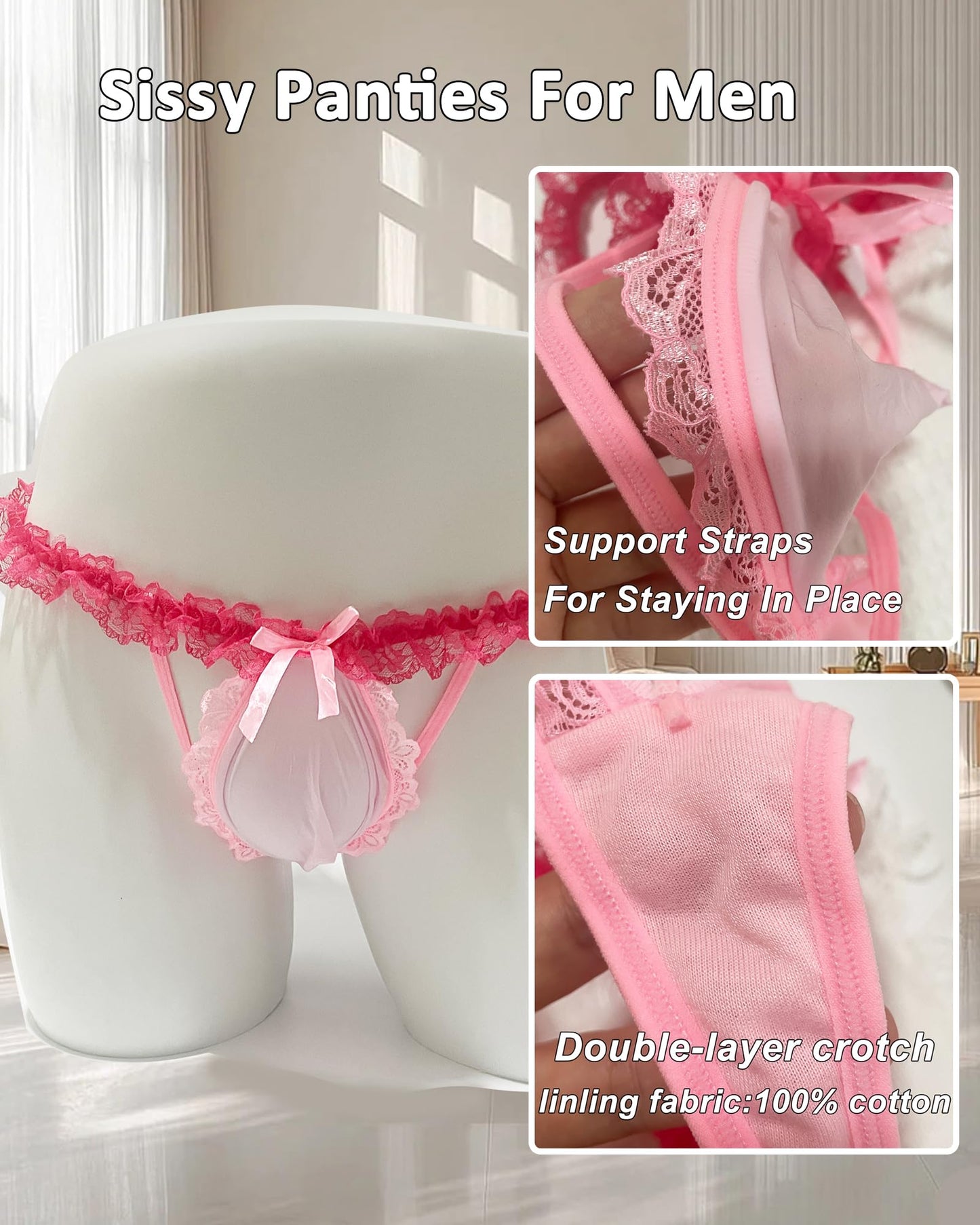 Mens Pink Lace Frilly Thong Underwear, Sissy Pouch Panties Sexy Lingerie For Crossdressing Femboy (US, Alpha, One Size, Regular, Regular, Pink)