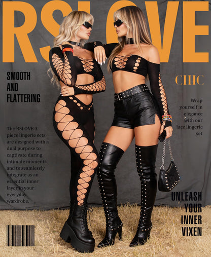 Women Fishnet Bodystocking Sexy - Lingerie Set Cut Out Bodysuit Two Piece Outfits Perfect for Rave & Club Black