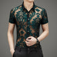 Yonititeee See Through Shirts for Mens Sexy Short Sleeve Flower Fishnet Lace Shirt Green Chest 36 Inches