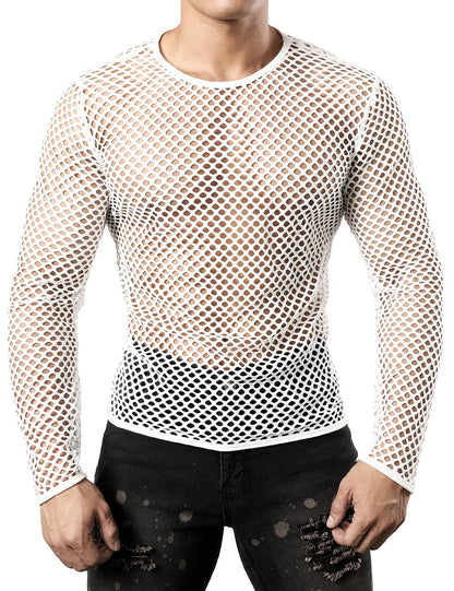 JOGAL Men's Mesh Fishnet Fitted Long Sleeve Muscle Top Medium WG04 White