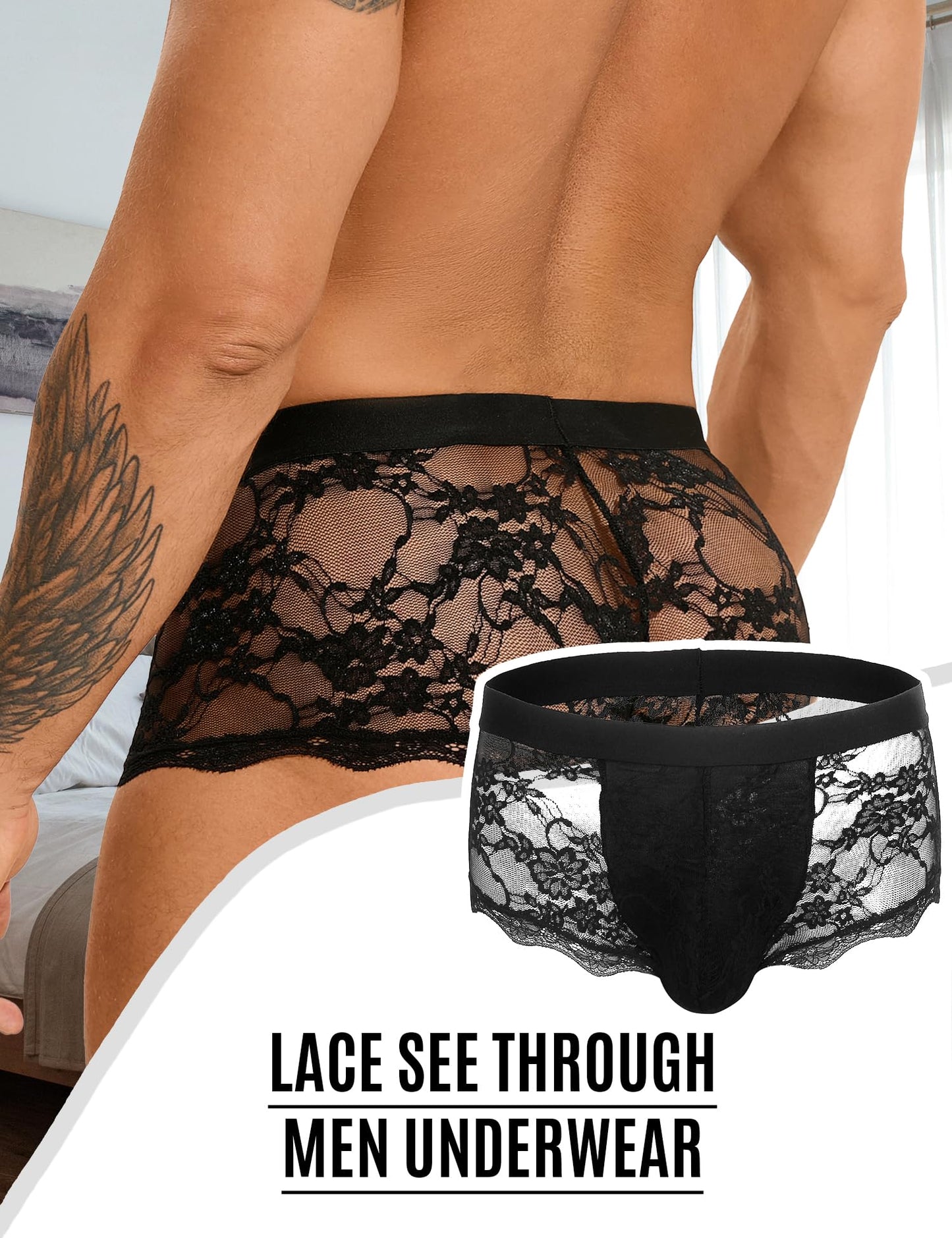 Mens Lace Underwear Low Rise Bulge Pouch Trunks Soft Boxer Briefs See Through Sexy Panties Lingerie for Men Cool Boxers Black S