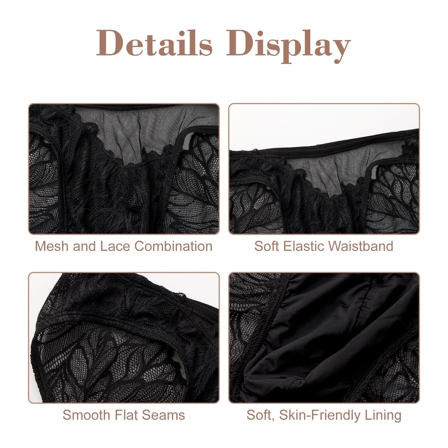 BSZN Men's Sexy Briefs, Black Mesh Lace Neutral Plant Vein Low Rise Ruched Back Sheer Semi Transparent Sexy Lingerie from L-Lace Imprint Collection