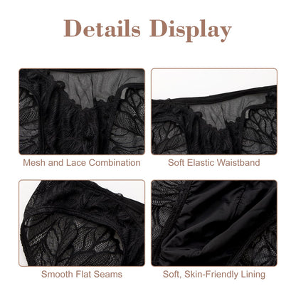 BSZN Men's Sexy Briefs, Black Mesh Lace Neutral Plant Vein Low Rise Ruched Back Sheer Semi Transparent Sexy Lingerie from L-Lace Imprint Collection