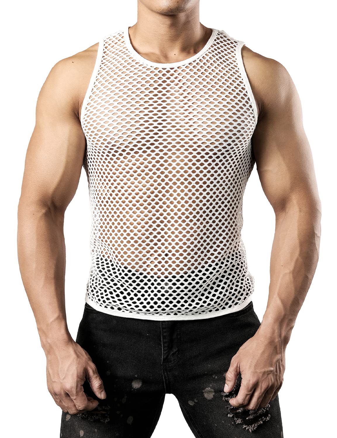 JOGAL Men's Mesh Fishnet Fitted Sleeveless Muscle Top Medium WG01 White