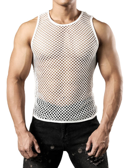 JOGAL Men's Mesh Fishnet Fitted Sleeveless Muscle Top Medium WG01 White