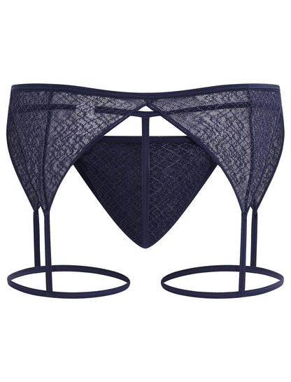 Men's Sissy Lingerie Sheer Mesh G-string Thong Lace Panties Garter Band Crossdresser Underwear Navy Blue Large