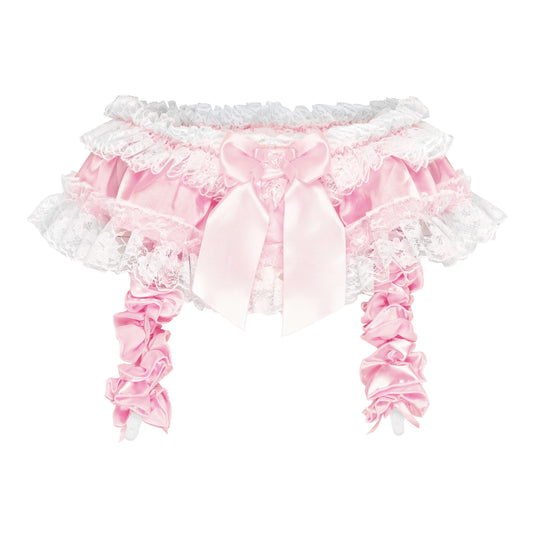 Satini Frilly Lace Sissy Silky Satin Garter Suspender Belt Lingerie Knickers (Baby Pink, S)