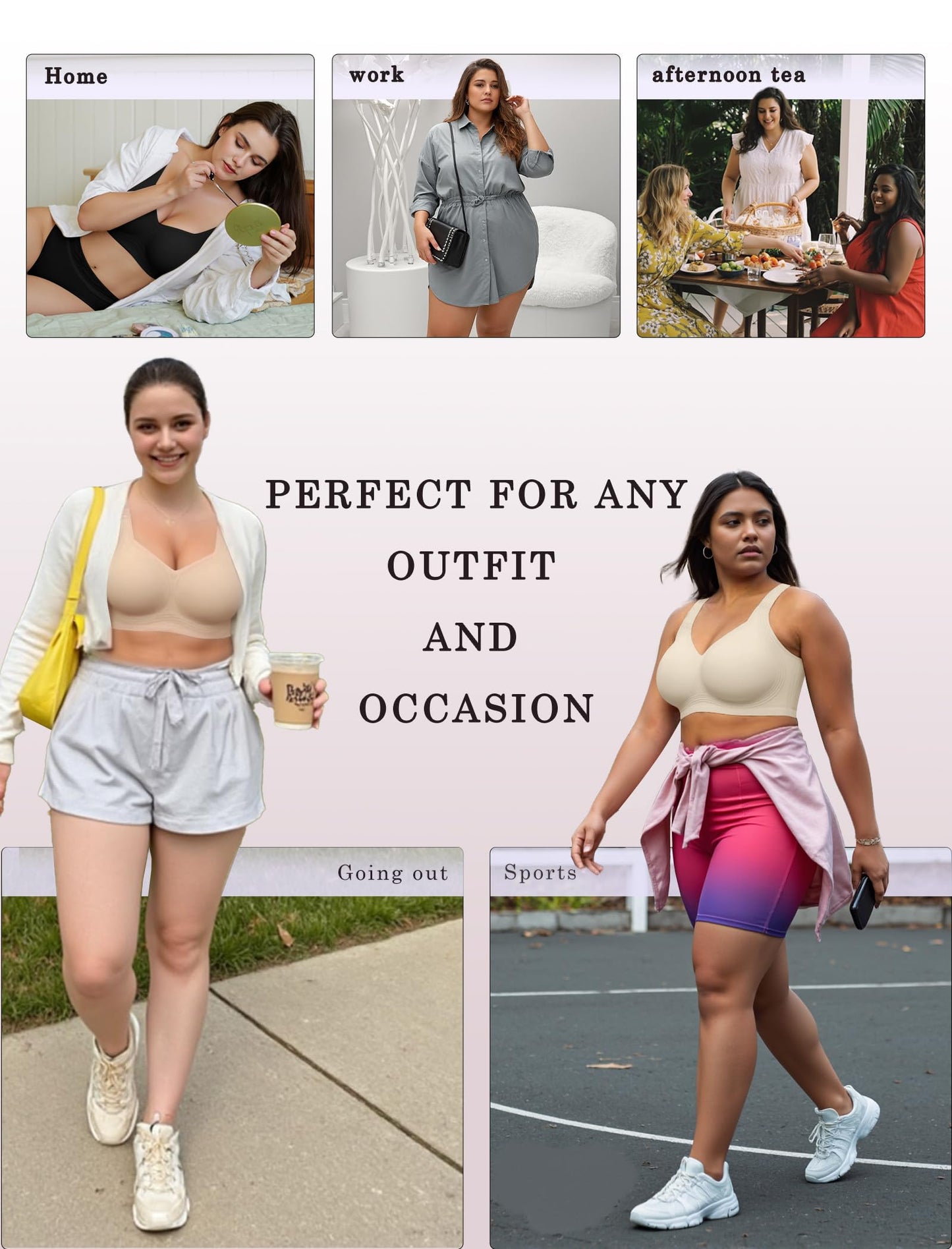 OEAK Womens Wireless Jelly Bra Plus Size Supportive Seamless Bras Full Coverage Push Up Comfortable No Underwire Tshirt Bras Creamy Beige+Leopard Coffee XL