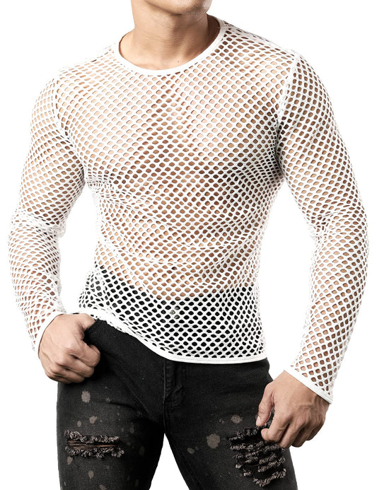 JOGAL Men's Mesh Fishnet Fitted Long Sleeve Muscle Top Medium WG04 White