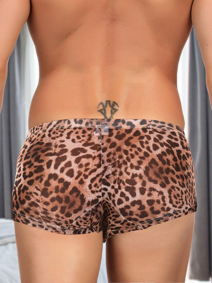 Leopard Print Underwear for Men Sexy Breathable Boxer Briefs Low Rise Silky Trunks Boxer Underpants Stretch