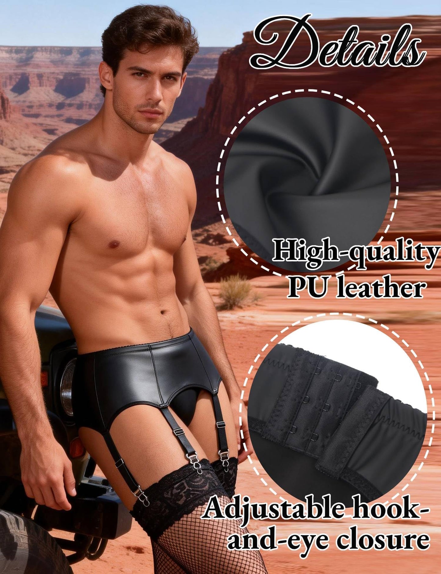 Men's PU Leather Garter Belt with Thong Suspenders with 6 Straps Clips Garter Belts for Thigh Highs Stockings
