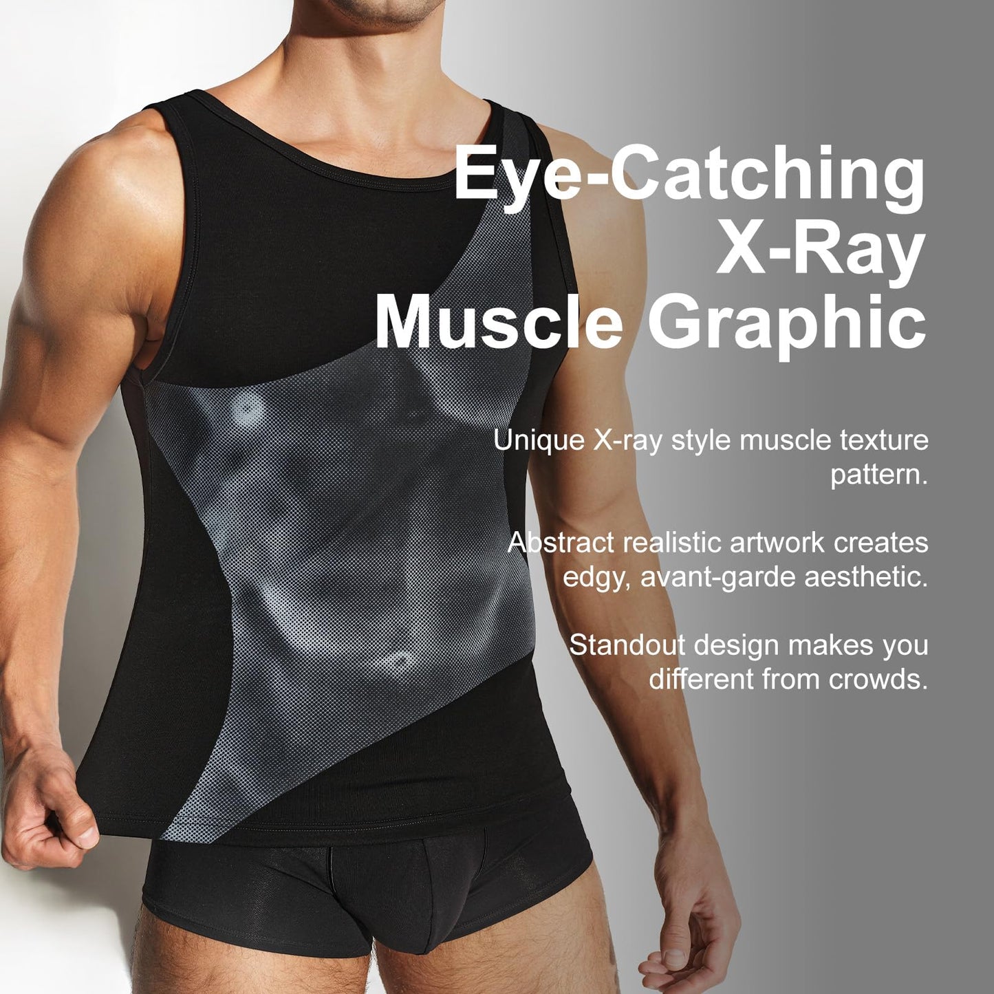 BSZN Men's Sexy Tank Top, Black 3D X-Ray Muscle Print Ribbed Cotton High Stretch Slim Fit Bodybuilding Athletic Sexy Undershirt