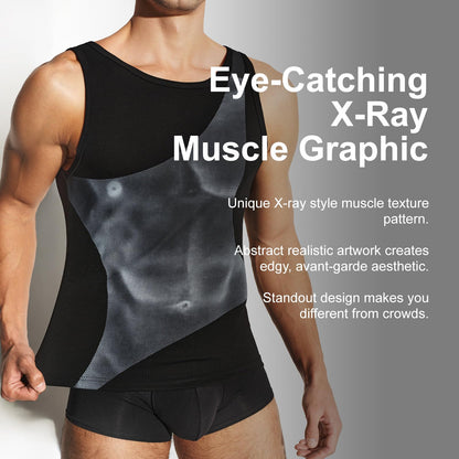 BSZN Men's Sexy Tank Top, Black 3D X-Ray Muscle Print Ribbed Cotton High Stretch Slim Fit Bodybuilding Athletic Sexy Undershirt