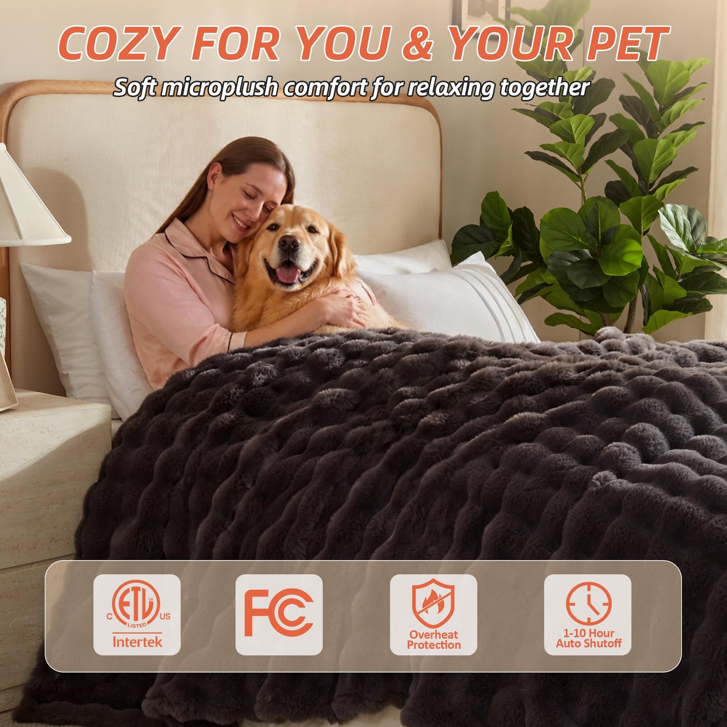 Electric Heated Blanket,50x60 Heating Throw Soft Bubble Flannel Dark Grey