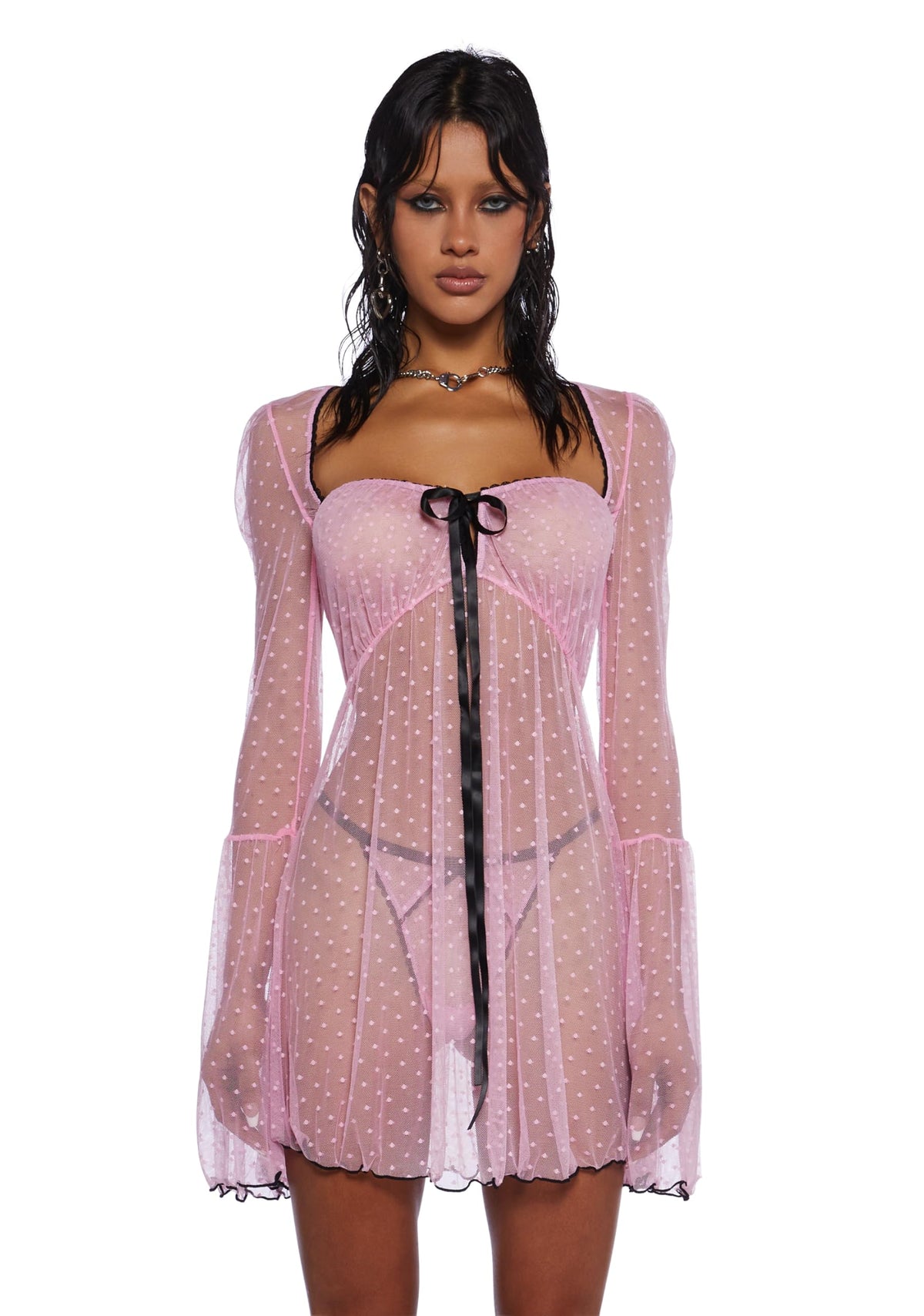 Dolls Kill Cutie Effect Lingerie Set – Sheer Swiss Dot Chemise with Ribbon Closure, Small Pink