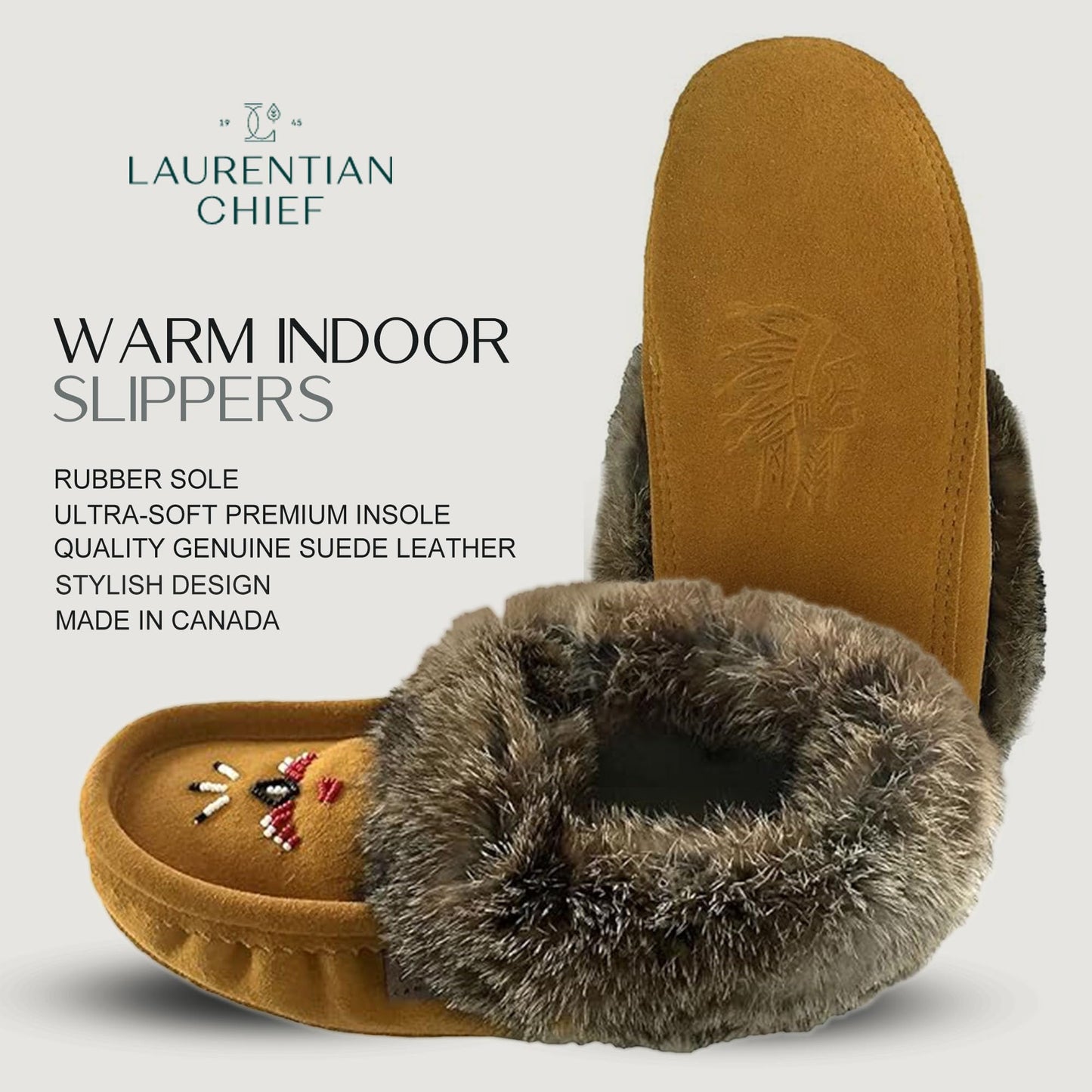 Laurentian Chief Moccasin Slippers for Woman - Orlon Beaded Slippers with Fur Trim and Padded Sole, Canada Quality Womens, Comfortable Stylish Indoor Moccasins for Women