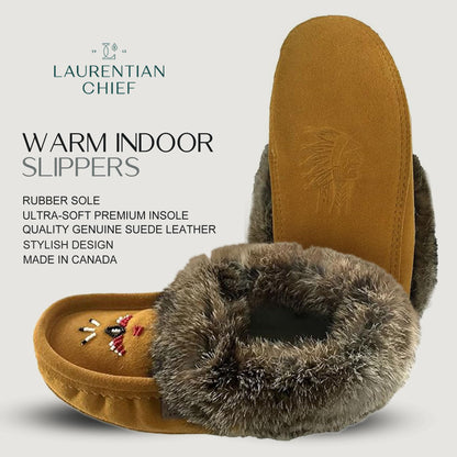 Laurentian Chief Moccasin Slippers for Woman - Orlon Beaded Slippers with Fur Trim and Padded Sole, Canada Quality Womens, Comfortable Stylish Indoor Moccasins for Women