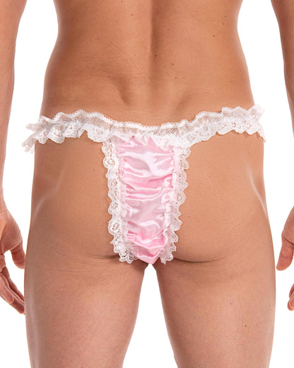 Satini Men's Satin Frilly Sissy Thong Tanga Knickers Briefs Panties (Baby Pink - White, XL)