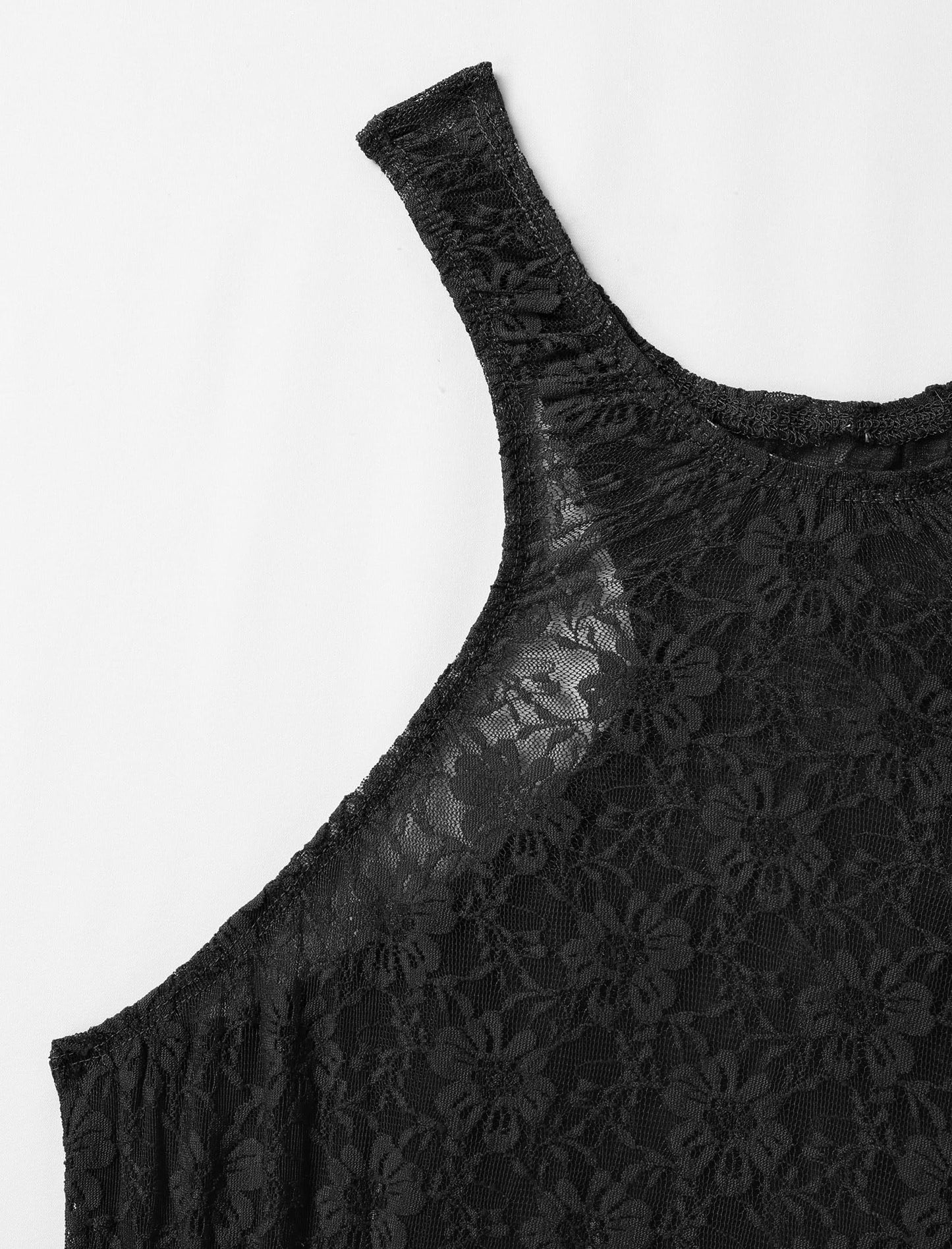 ABAFIP Men's Lace Bodysuit High Cut One Piece Leotard Sleeveless Racerback Sheer Lingerie Undershirts Top Black Large