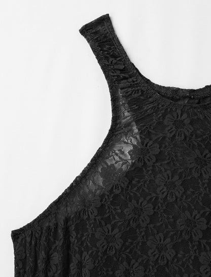 ABAFIP Men's Lace Bodysuit High Cut One Piece Leotard Sleeveless Racerback Sheer Lingerie Undershirts Top Black Large
