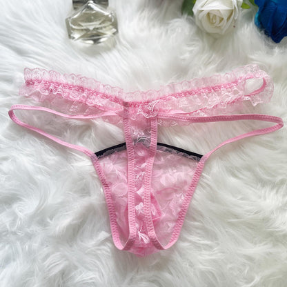 HAVBX Mens Lace Frilly Sissy Panties Pouch Thong, Feminine G string Underwear For Men Sexy Lingerie (US, Alpha, One Size, Regular, Regular, Pink)