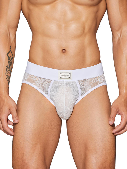 Men's Italian Style Lace Briefs Underwear, Luxury Vintage Briefs with Floral Lace Trim, High Elastic Soft Underwear Comfortable Undepants, Sophisticated Design White