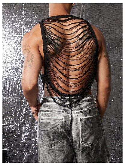 OYOANGLE Men's Hollow Out Ripped Sweater Vest Sleeveless See Through Crop Tank Tops Party Clubwear Black Small