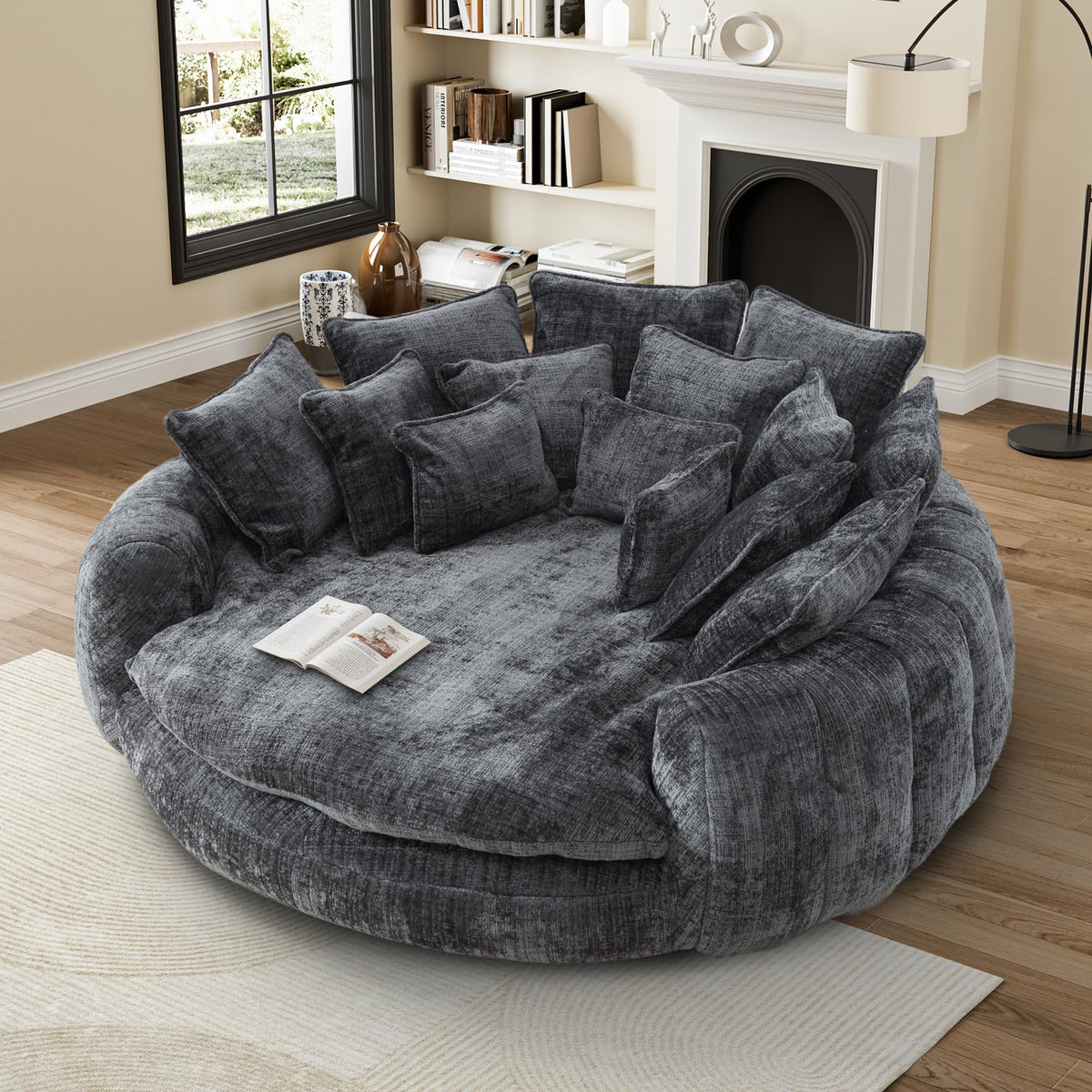 BEQAI 81" Round Sofa Bed, Oversized Chenille Bean Bag Couch, Dark Gray