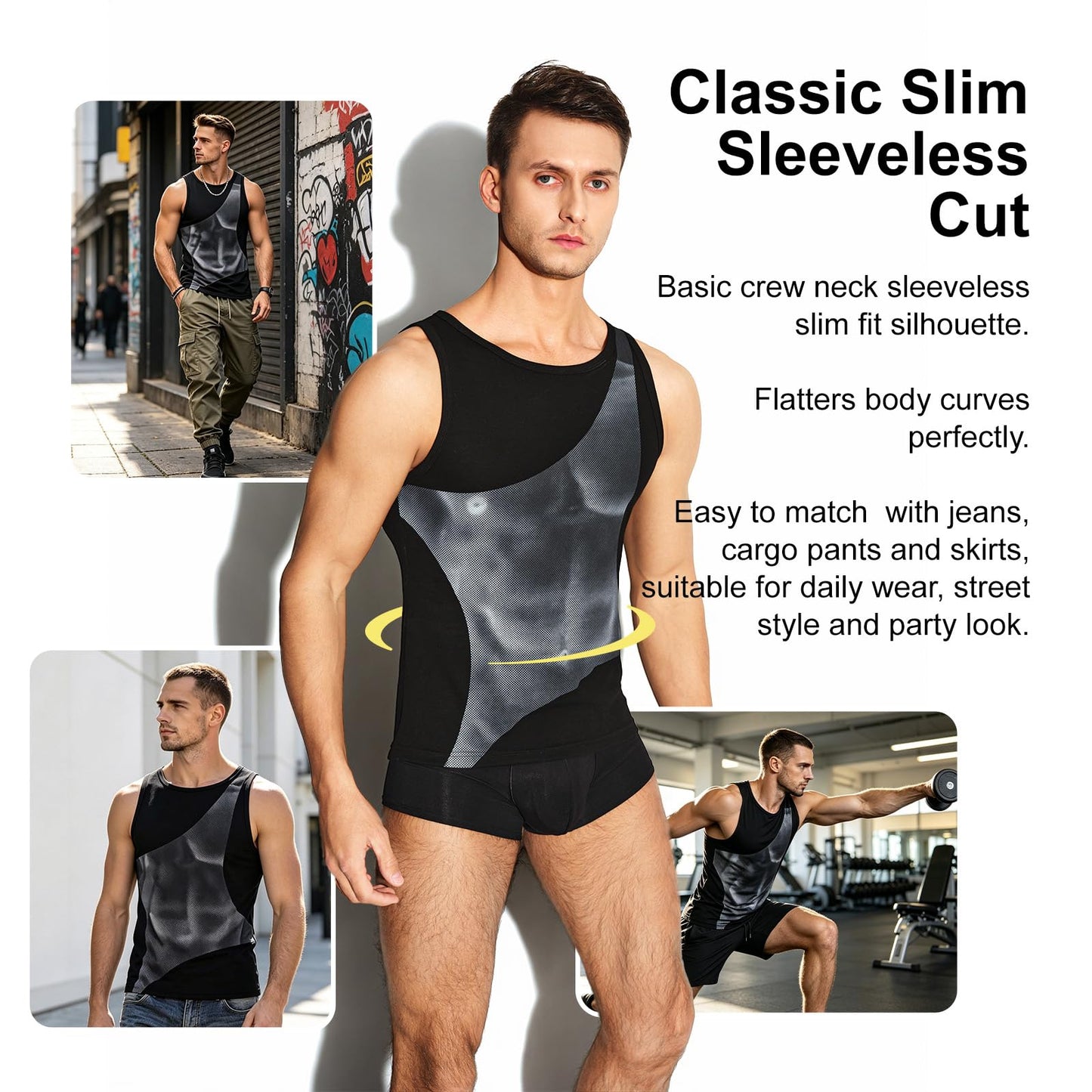 BSZN Men's Sexy Tank Top, Black 3D X-Ray Muscle Print Ribbed Cotton High Stretch Slim Fit Bodybuilding Athletic Sexy Undershirt