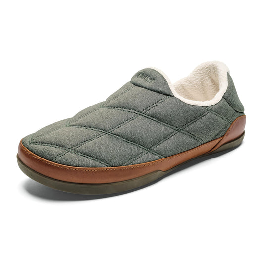 OLUKAI Puku'i Men's Fleece Slippers, Comfortable Activewear Slippers, Premium Full-Grain Leather & Jersey Knit, Drop-In Heel & All-Day Comfort, Ash/Ash, 10