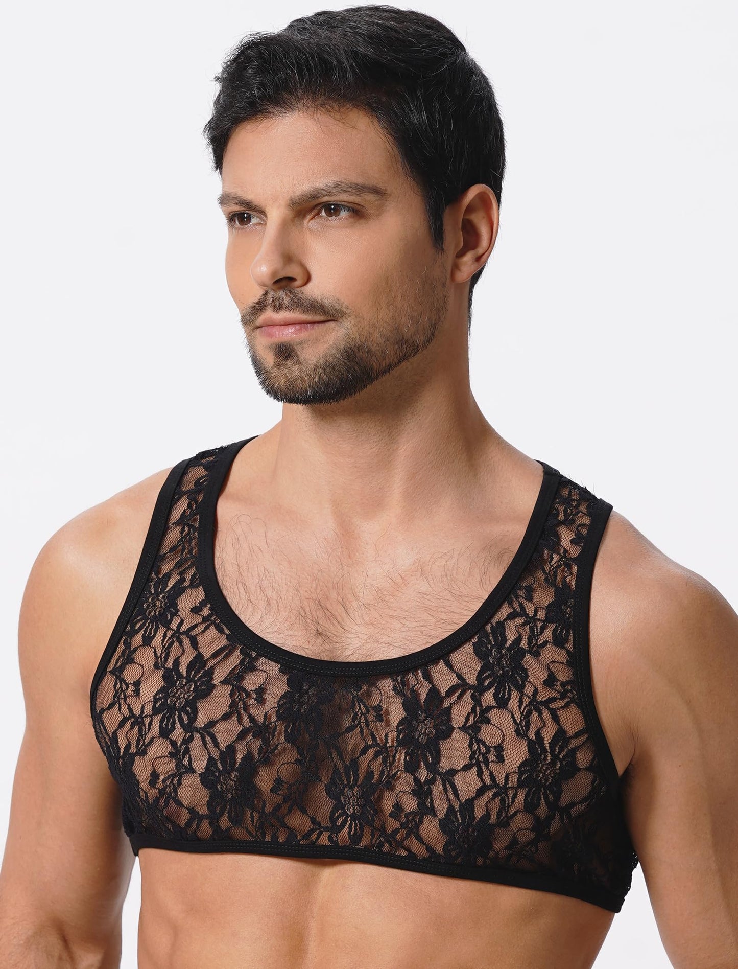 ABAFIP Men's Sissy Lace Muscle Tank Floral Crop Top Semi Transparent Sheer Mesh Vest Half Top Undershirt Black Large